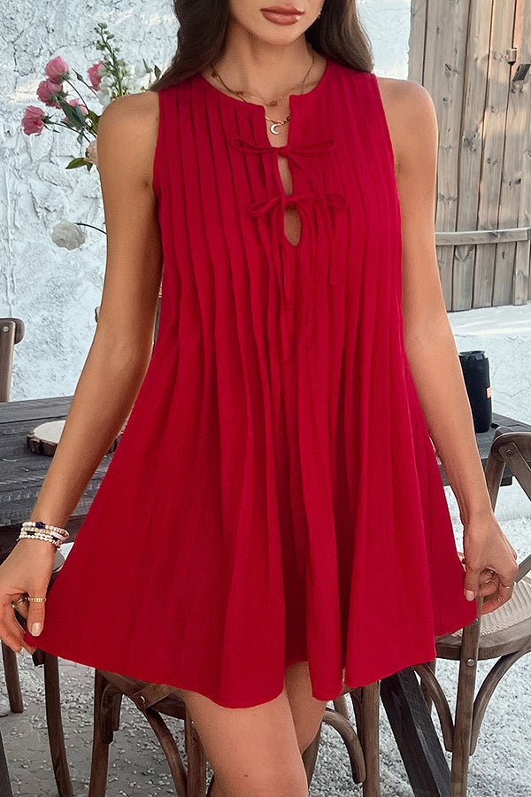 Color Sleeveless Tie Pleated Mini Dress