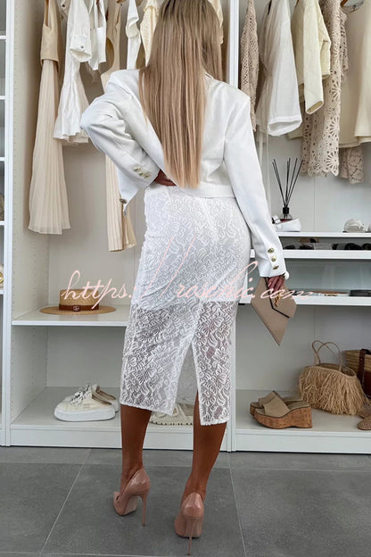 Lesia Lace High Rise Slit Stretch Midi Skirt