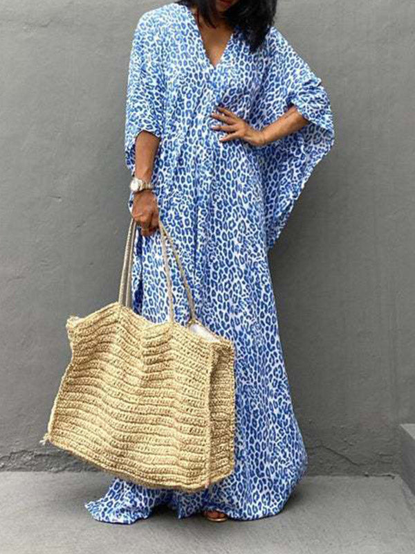 Batwing Sleeves Loose Leopard Split-side Sun Protection V-neck Cover-ups Swimwear Maxi Dresses