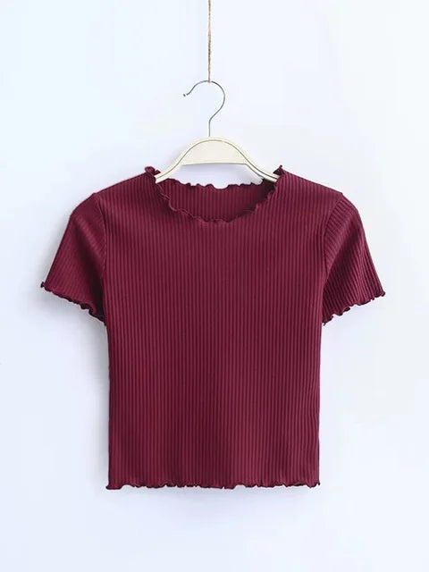 Wood Ears O Neck Short Sleeve T-shirt New Woman Slim Fit T Shirt Tight Tee Summer Retro Tops 6 Colors
