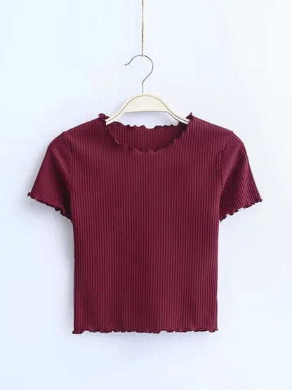 Wood Ears O Neck Short Sleeve T-shirt New Woman Slim Fit T Shirt Tight Tee Summer Retro Tops 6 Colors