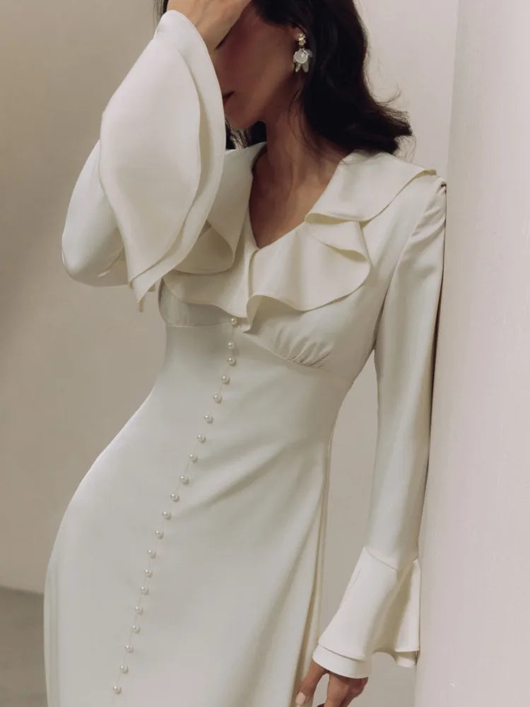 Ruffle V Neck Dress for Slim Long Sleeve High Waist Temperament Dresses Femme Party Slit Long Dress Woman