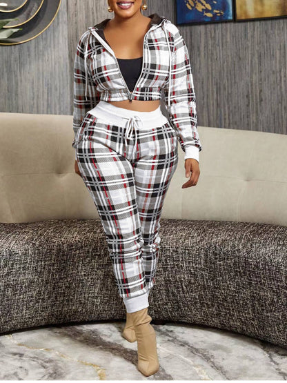 Crop Top Plaid Print Drawstring Pants Set At9068