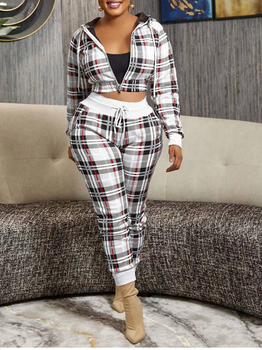Crop Top Plaid Print Drawstring Pants Set At9068