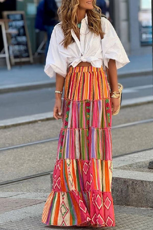 Color Block Style Retro Long Skirt