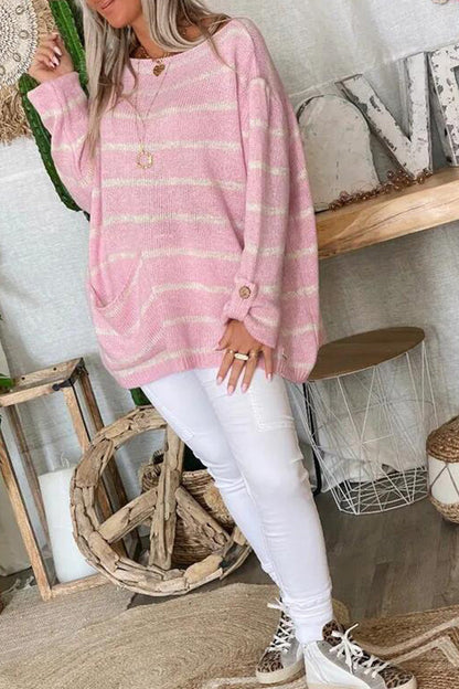 Color Contrast Stripe Pullover Round Neck Loose Sweater