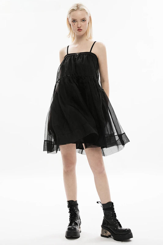 Dark Two Wear Slip Mesh Dress Metal Skull Triangular Flag Decoration Black Skirt