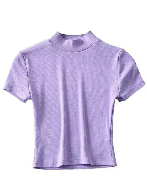 High Neck Fitted Short Sleeve T-shirt Rib Crop Rib Top