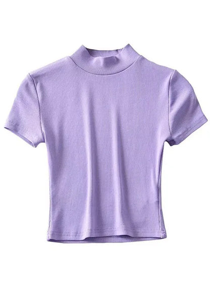 High Neck Fitted Short Sleeve T-shirt Rib Crop Rib Top