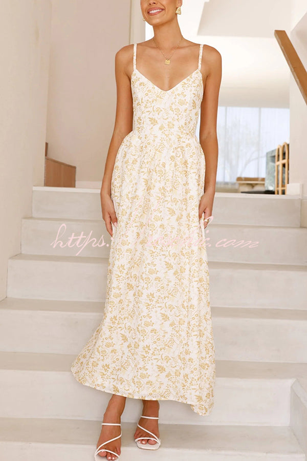 Print V-neck Sleeveless Back Tie Pocket Maxi Dress