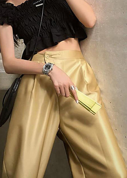 New Gold Button Pockets High Waist Silk Pants Summer Qp001