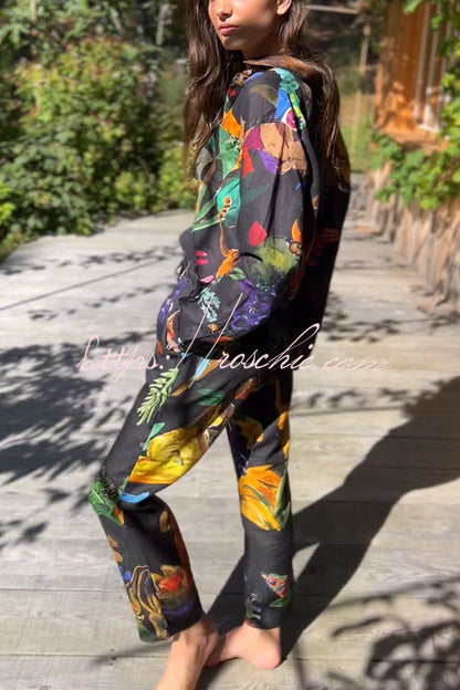 Unique Print Lapel Long Sleeve Loose Shirt and Elastic Waist Pocket Wide Leg Pants Set