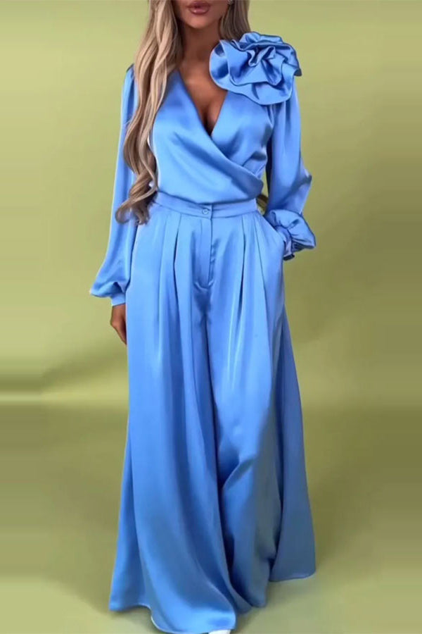 Color V-neck Long-sleeved Large Flower Decorated Top and Pocket Wide-leg Pants Set
