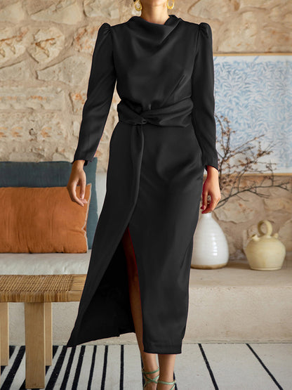 A-line High Waisted Pleated Color Split-front Mock Neck Maxi Dresses