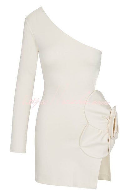 Ella 3d Flower Details Cutout Waist One Shoulder Stretch Mini Dress