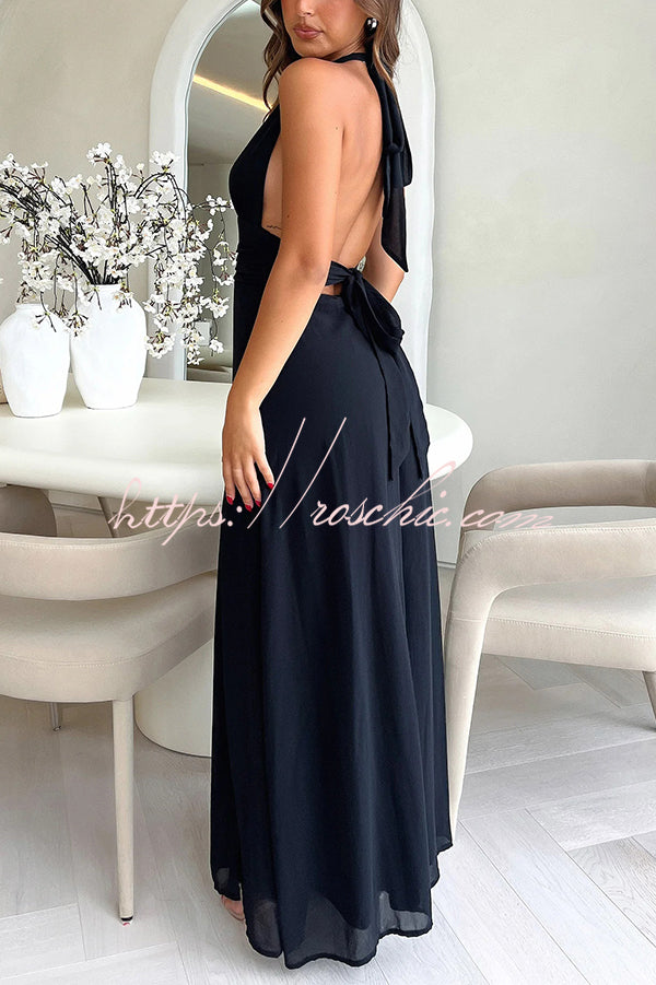 V-neck Backless Waist Tie High Slit Maxi Dress