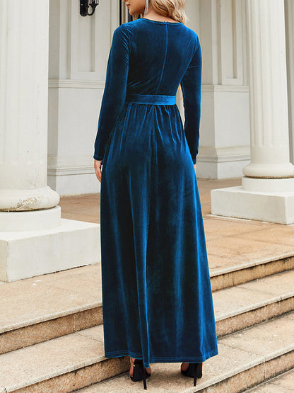 Long Sleeves Wrap Belted Pleated Color Zipper Round-neck Maxi Dresses