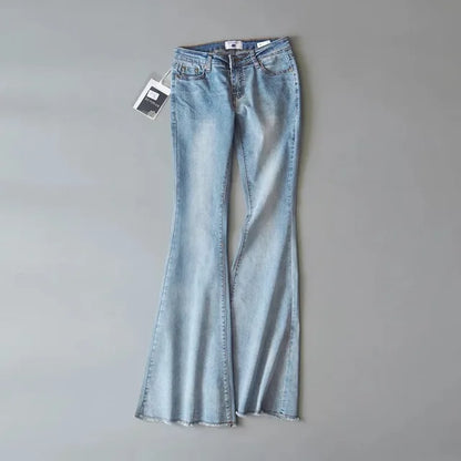 Retro Low Waist Blue Jeans for Bodycon Flared Pants Basic Slim Fit Summer Street Jeans Woman