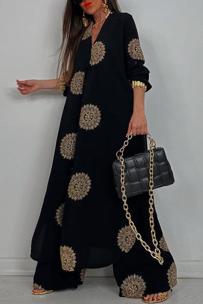 Unique Printed V-neck Long Sleeve Long Shirt and Elastic Waist Pocket Wide Leg Pants Set