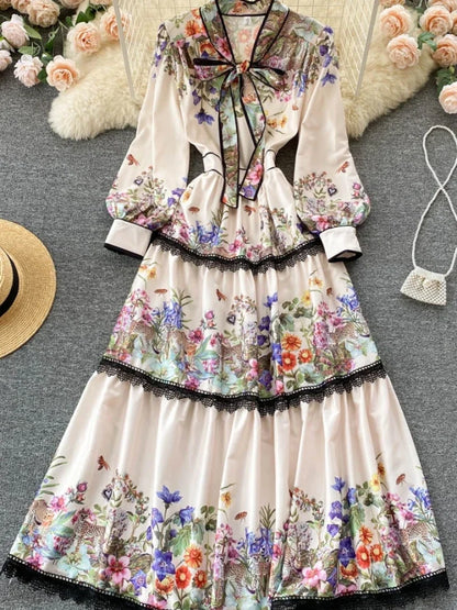 Long Dress Slim Printed Party Dresses Tie Bow Elastic Waist Lantern Long Sleeve Long Robe Vestidos