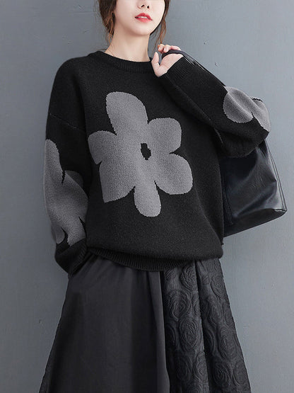 Loose Black Round-neck Contrast Color Flower Long Sleeve Sweater An1070