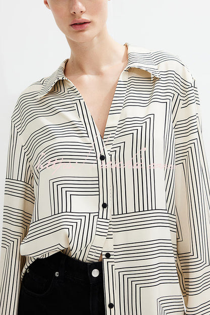 Unique Print Lapel Long Sleeve Loose Shirt and Elastic Waist Pocket Wide Leg Pants Set