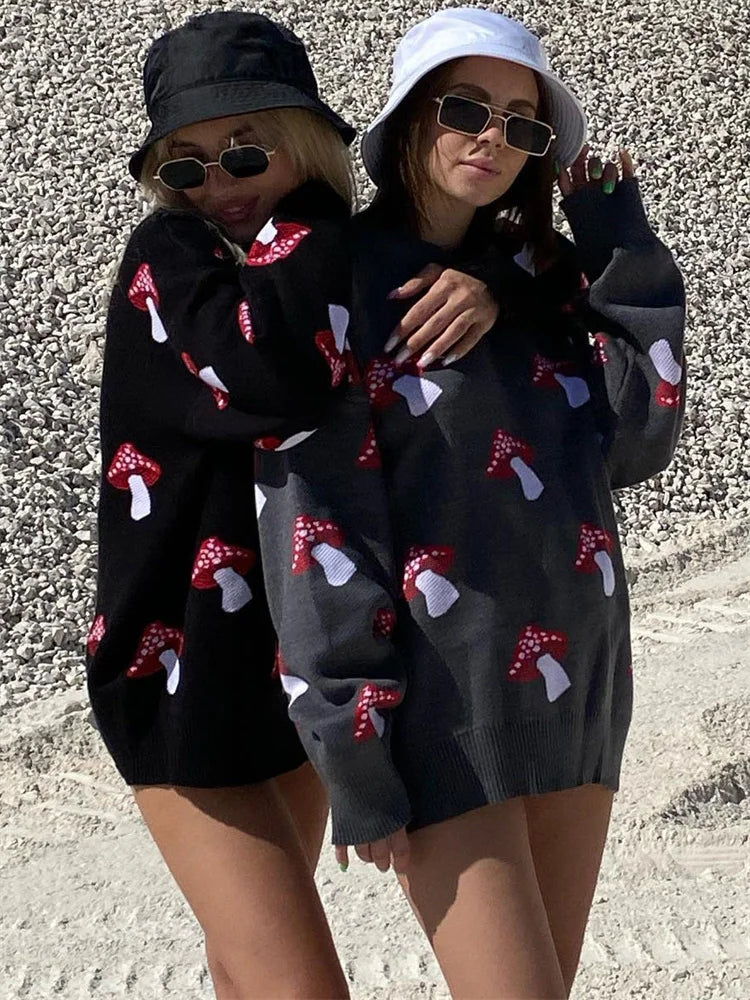Black Printed Sweater Pullover Knit Long Sleeve Loose Contrast Autumn Female Pullover Knitwear