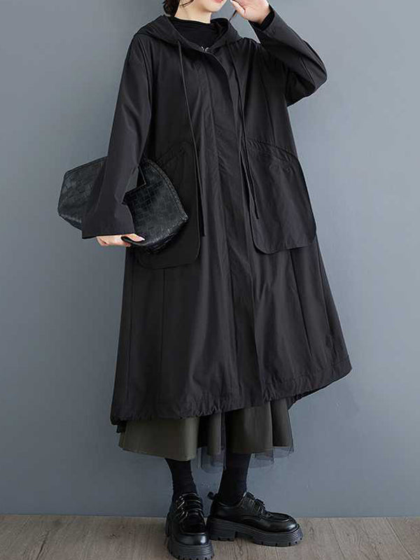 Balck Hooded Pockets Zip-up Drawstring Hem Long Sleeve Trench Coat Tw021