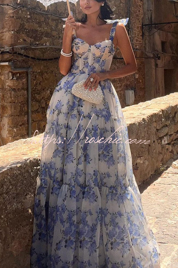 Fairytale Itself Organza Print Tie Strap Maxi Dress