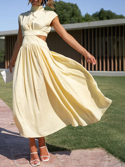 Cap Sleeve Belly-hollow Pleated Color Stand Collar Maxi Dresses