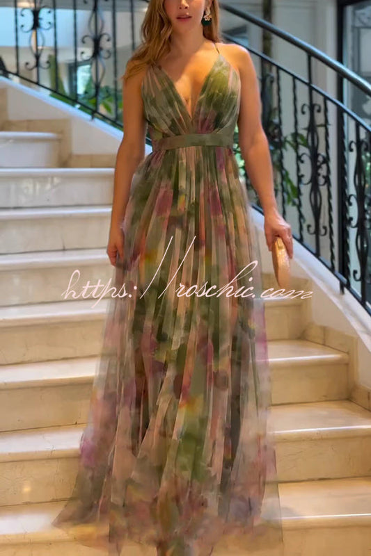 Kerrie Tulle Render Print Cross Back Straps Maxi Dress