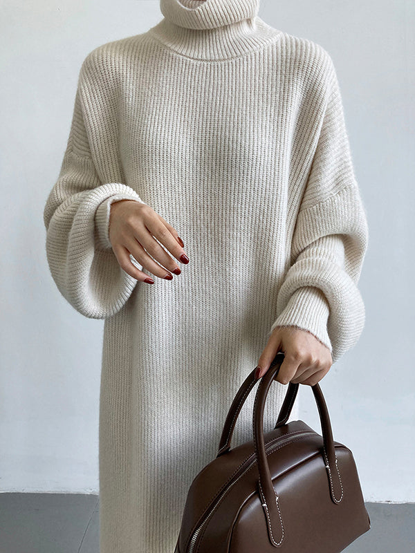 Urban Loose Purple High-neck Long Puff Sleeve Sweater Dress An1052