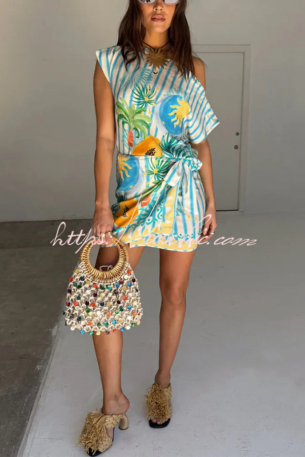 See You in Rio Tropical Fruits Print Wrap Tie-up Mini Skirt