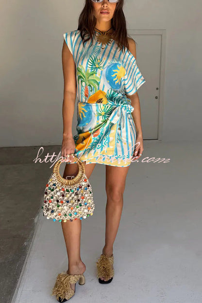 See You in Rio Tropical Fruits Print Wrap Tie-up Mini Skirt