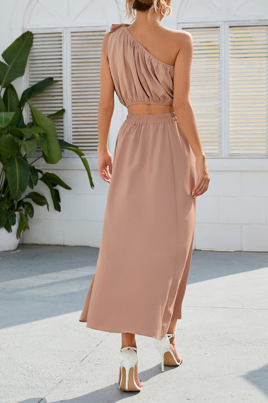 Slanted Shoulder Bowknot Suit Slit Large Swing Dress Two-piece Set