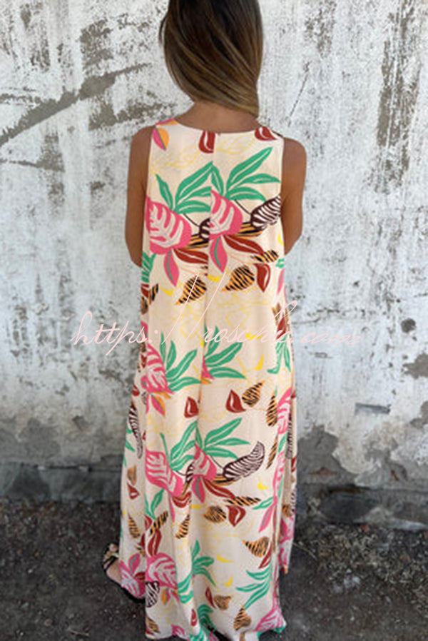 Botanical Print V-neck Pocket Loose Maxi Dress