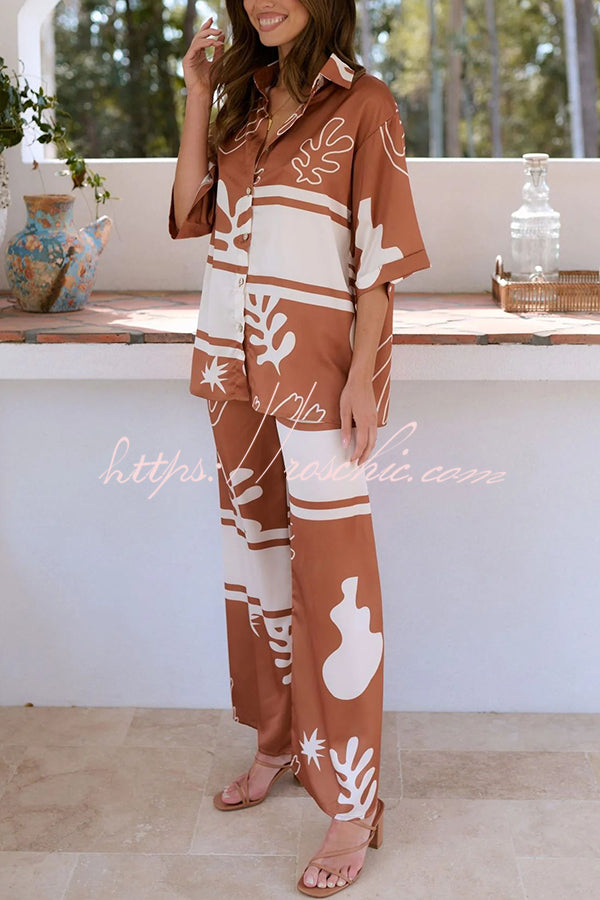 The Beach Unique Color Block Print Button Up Shirt and Elastic Waist Pants Set