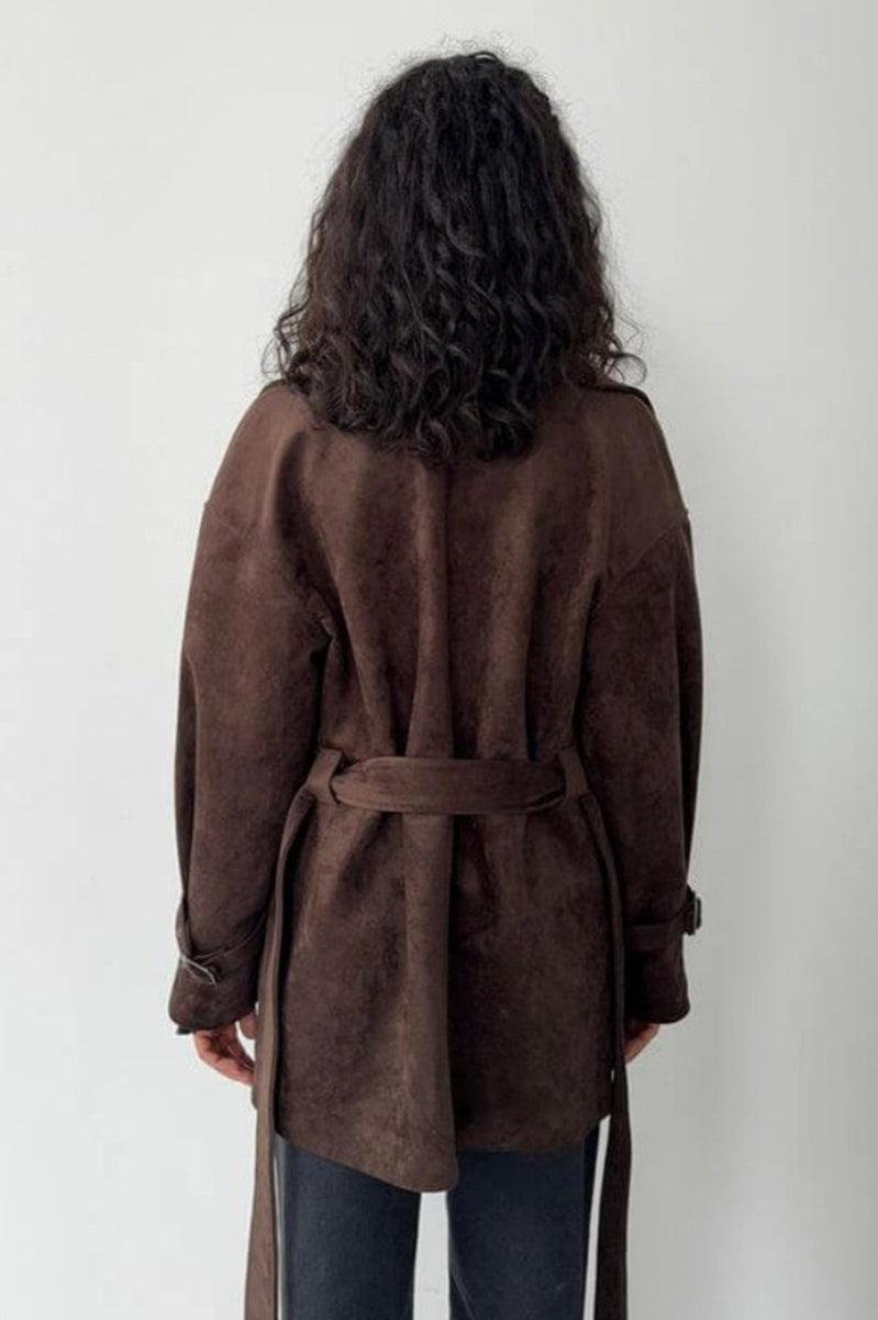 Suede Lapel Tie Waist Jacket Coat