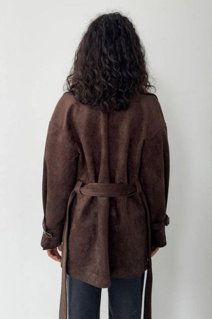 Suede Lapel Tie Waist Jacket Coat