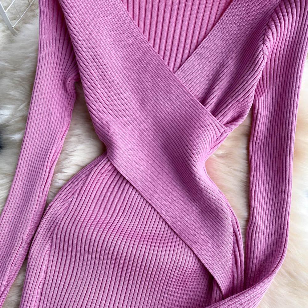 Pink V-neck Cross Slim Waist Long Sleeve Knit Sweater Dress Ar1018