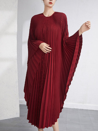 Batwing Sleeves Loose Pleated Color Maxi Dresses
