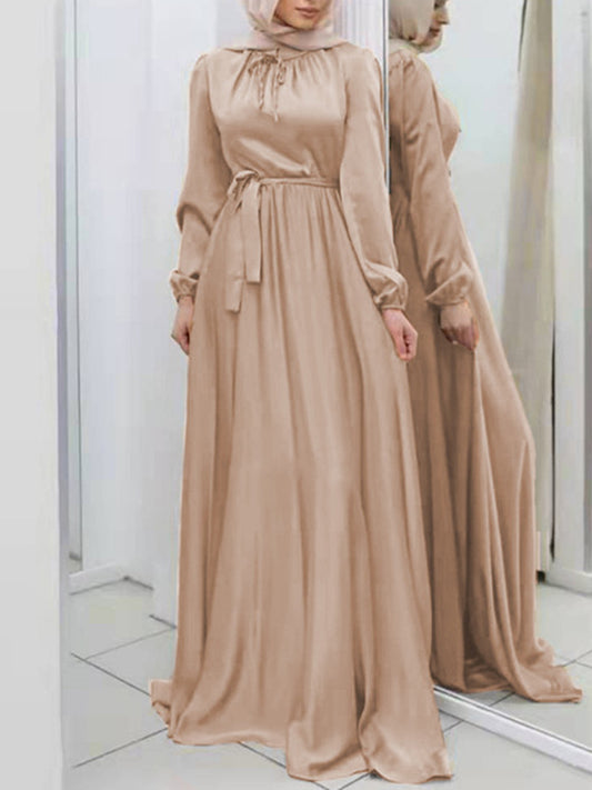 Long Sleeves Loose Pleated Color Tied Waist Maxi Dresses
