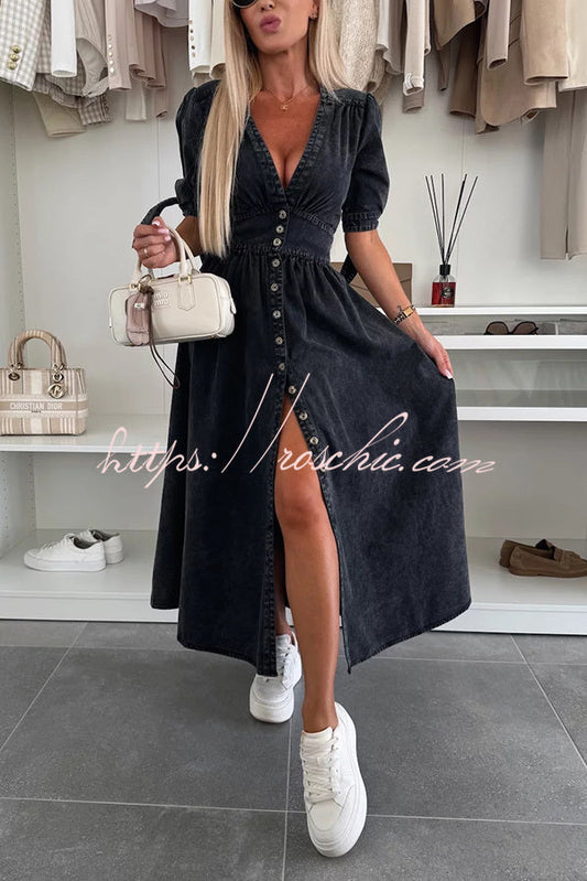 Color V-neck Button-down Denim Midi Dress