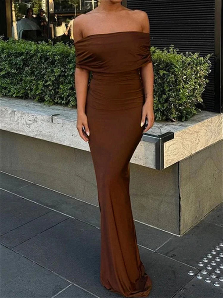 Pleated Off-shoulder Long Dress for Twist Backless Patchwork Party Dress Summer Maxi Dress New