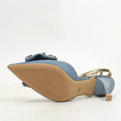 Spring Crystal Rivet Bowknot Slingback Pumps – Pointed Toe Party Dress Shoes