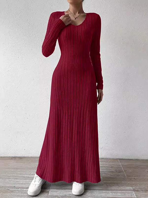 Long Sleeves Skinny Color V-neck Maxi Dresses Sweater Dresses