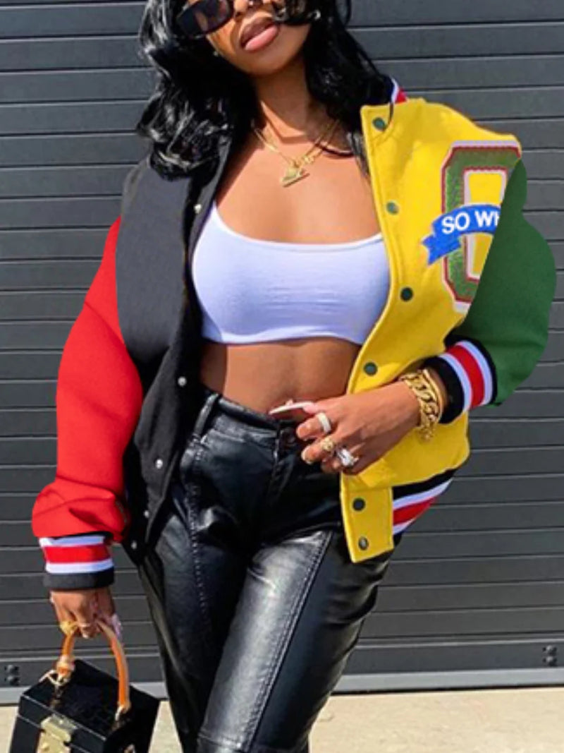 Letter Print Patchwork Varsity Jacket Appliques Round Neck Regular Fit Y2k Style Fall Coat