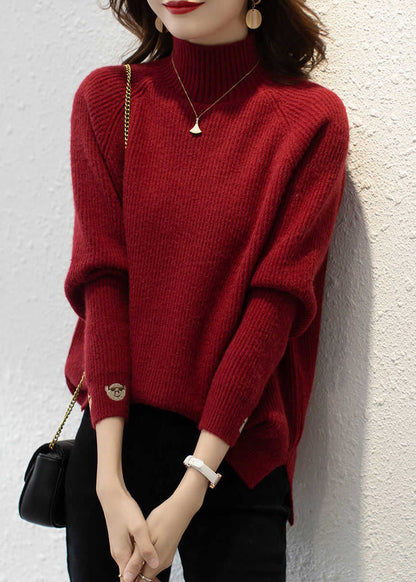 Organic Red Print Turtleneck Cotton Knit Sweaters Fall Qp045