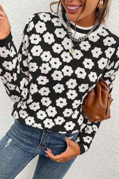 Mock Neck Print Knitted Sweater Color Block Light Weight Sweater