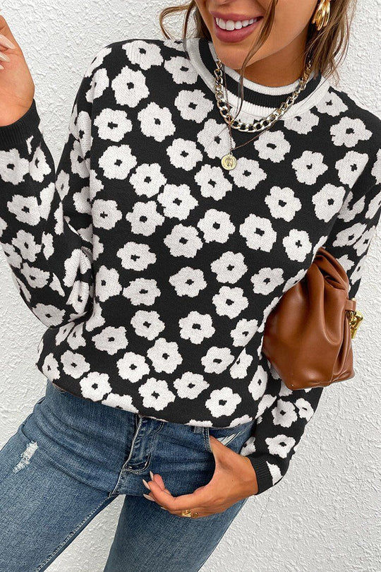Mock Neck Print Knitted Sweater Color Block Light Weight Sweater